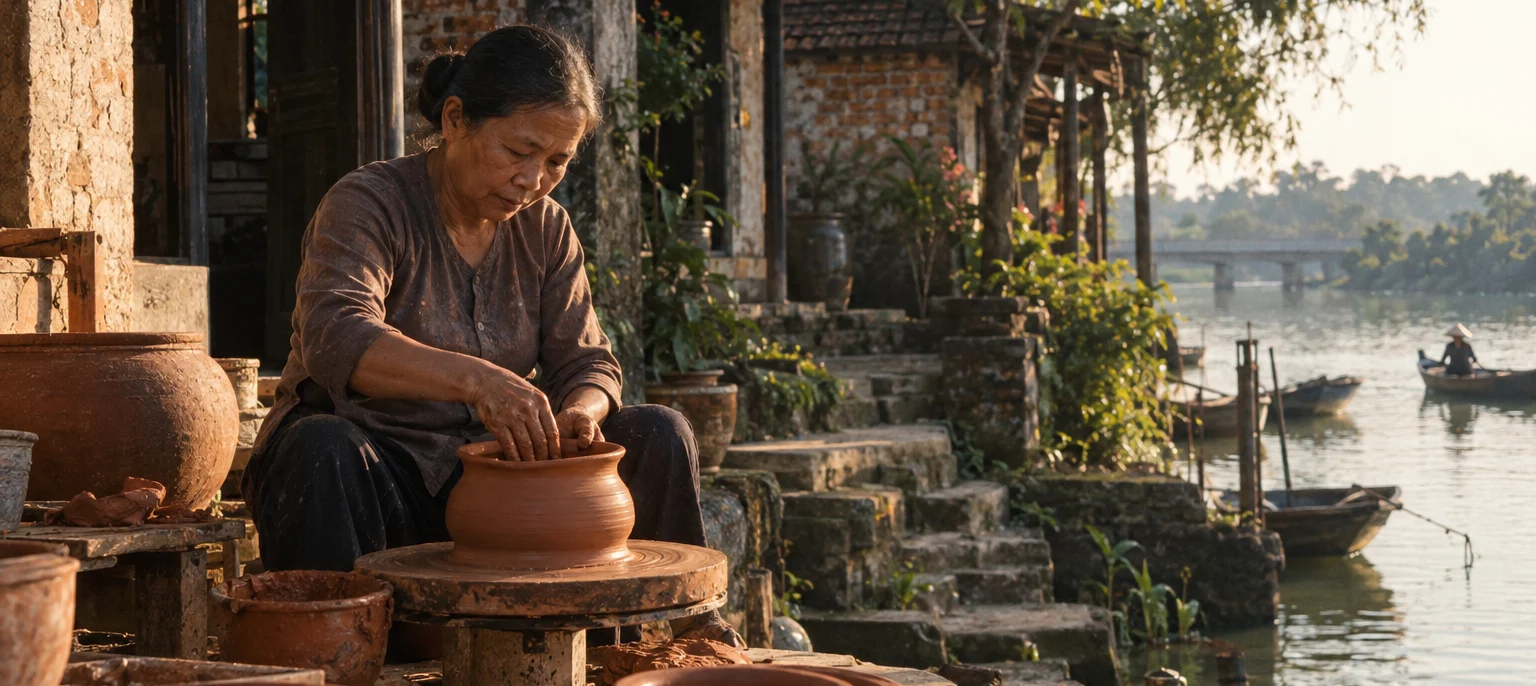 A Phước Tích potter hand-shaping a red-clay pot, old brick houses and a slow river behind, Phước Tích village, central coast, Vietnam