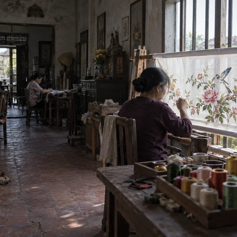 Wide view of an embroidery room in Quất Động, a wooden frame set in the window, silk in morning light, spools on a table, hand embroidery village, Red River Delta, Vietnam