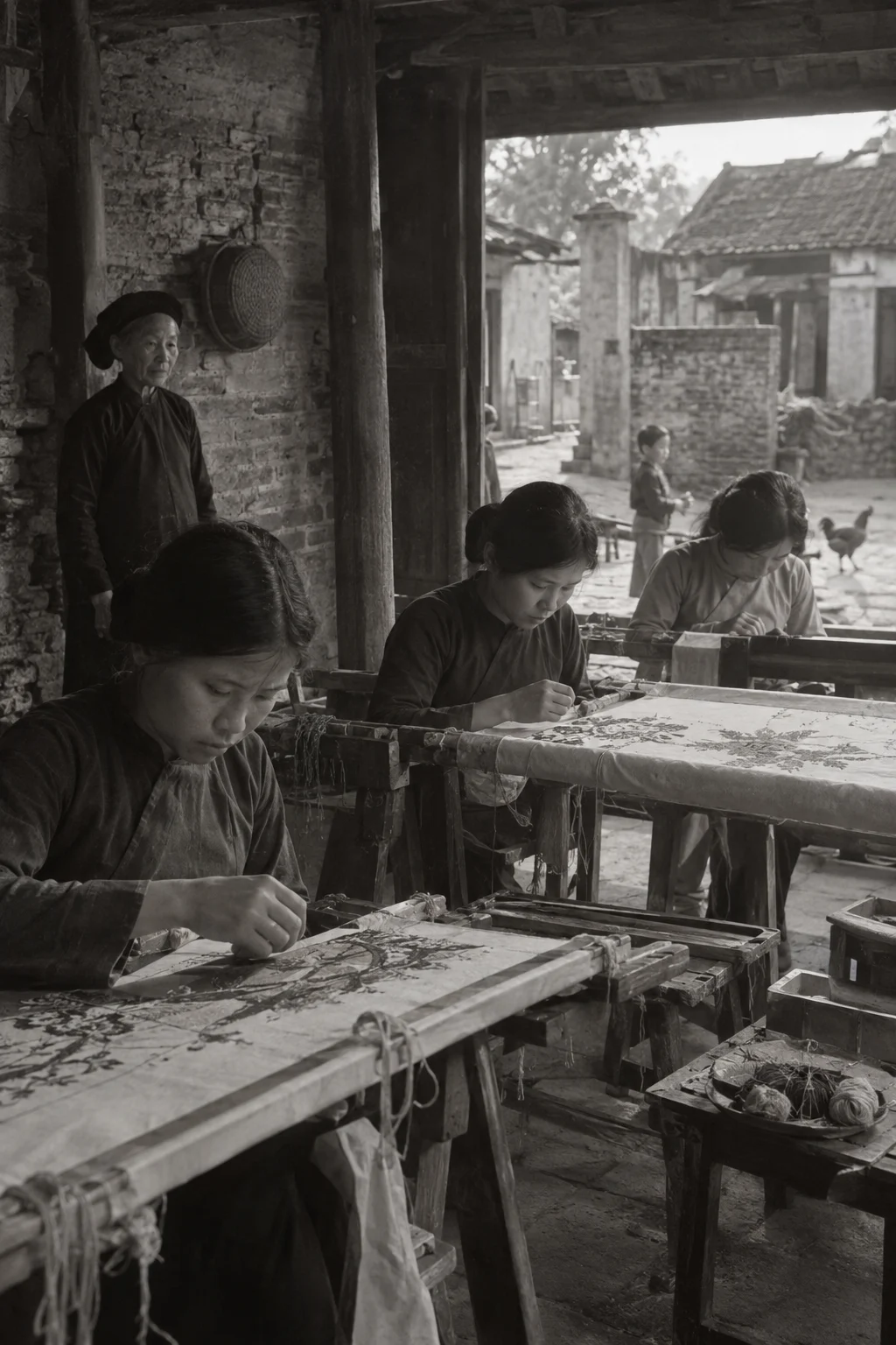 Archive black-and-white photograph from the mid-twentieth century, faded and grainy: the embroidery frame in Quất Động, hand embroidery, villagers in simple work clothes, old brick and timber