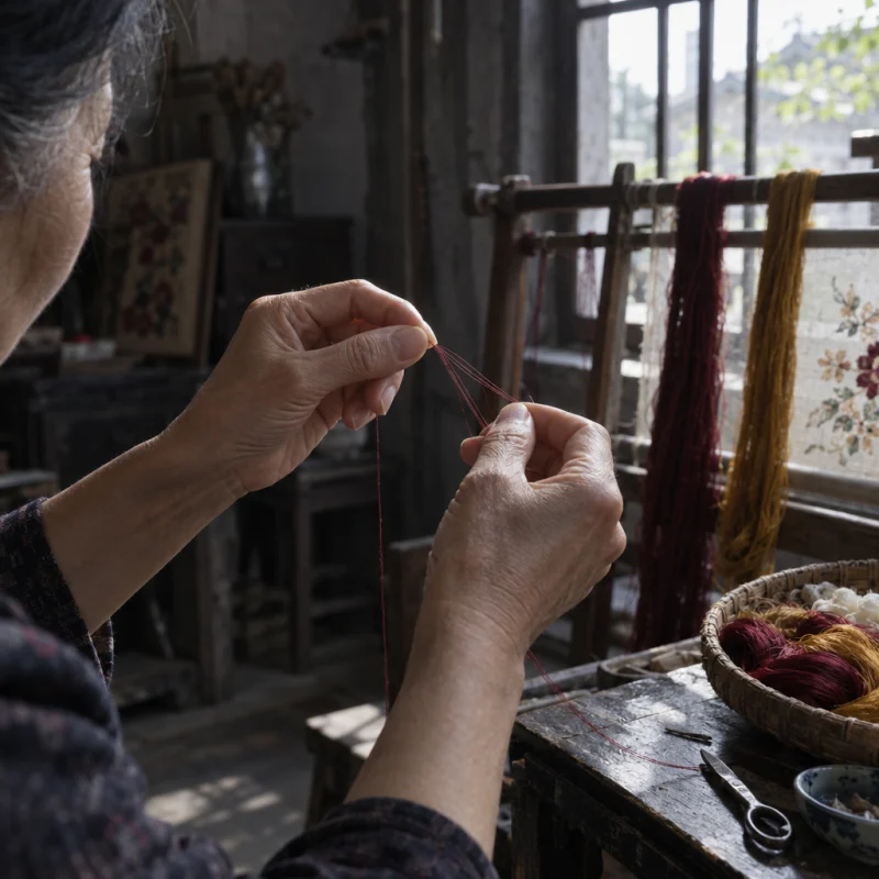 Fingertips splitting a single silk thread into finer strands, in a Quất Động embroidery room, a wooden frame set in the window, mulberry silk, deep wine red and ochre, soft morning light