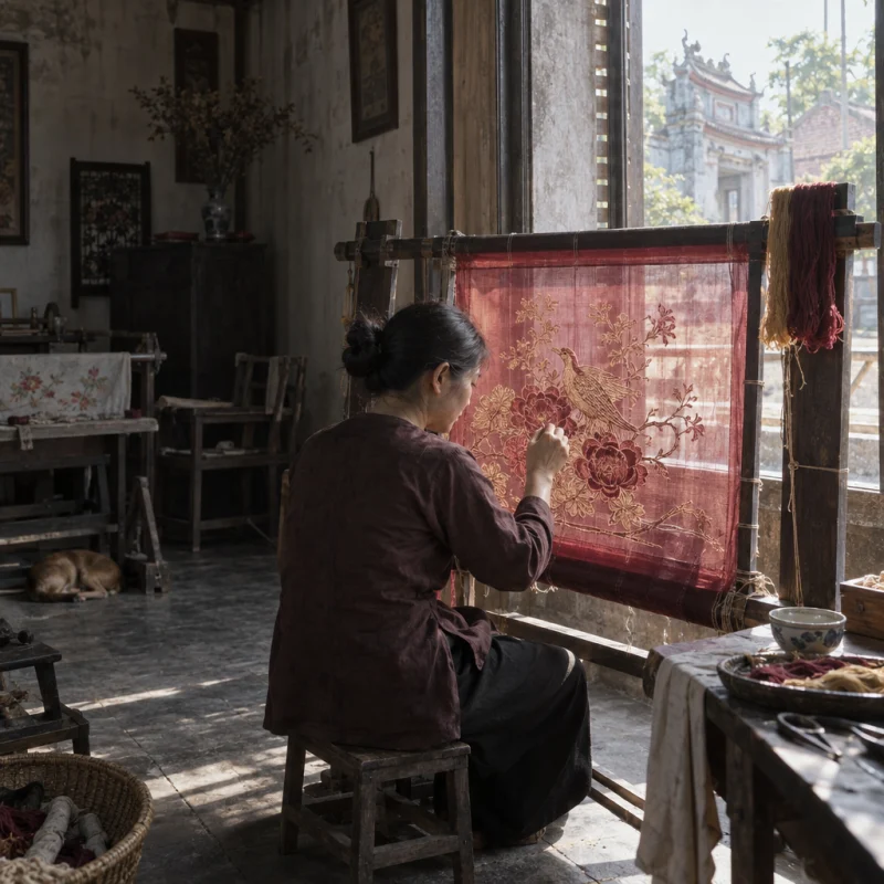 An embroidery frame set in a window, morning light on silk, in a Quất Động embroidery room, a wooden frame set in the window, mulberry silk, deep wine red and ochre, soft morning light