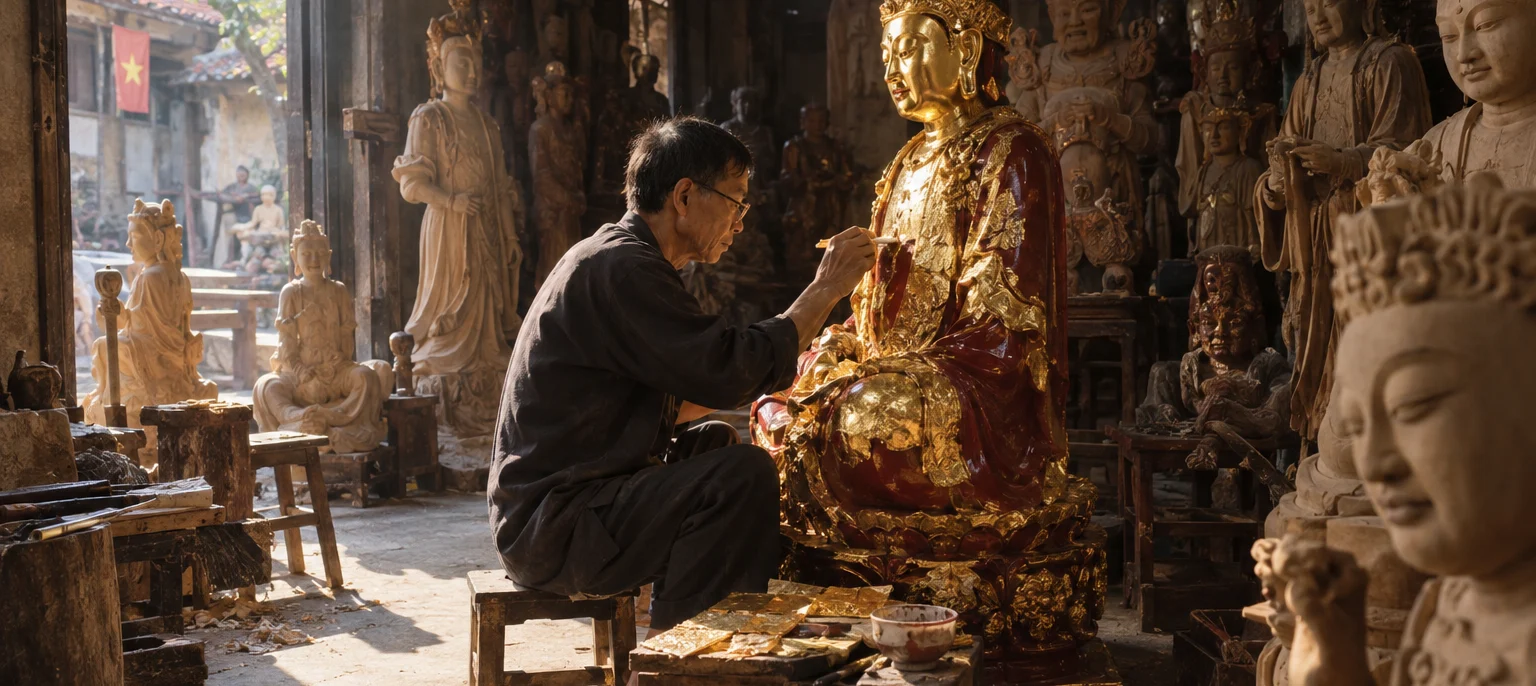 A Sơn Đồng carver gilding a jackfruit-wood statue, red lacquer under gold leaf, carved figures crowding the workshop, Sơn Đồng village, Red River Delta, Vietnam