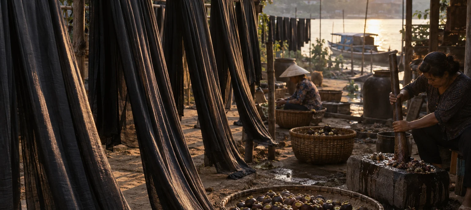 Lengths of black lãnh Mỹ A silk drying on bamboo poles in Tân Châu, mặc nưa fruit being crushed beside, Tân Châu village, Mekong Delta, Vietnam
