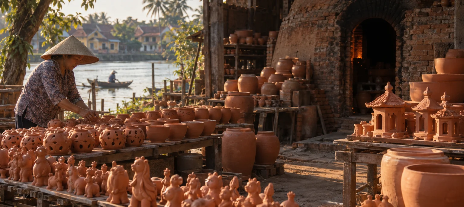 Thanh Hà terracotta pots and figures drying on racks by a wood kiln, river-clay red, Hội An light, Thanh Hà village, central coast, Vietnam