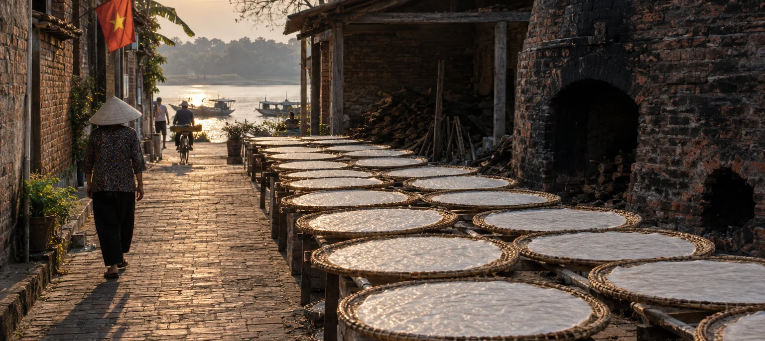 Round bamboo trays of rice paper drying along a brick lane in Thổ Hà, old kiln walls and river light, Thổ Hà village, Red River Delta, Vietnam