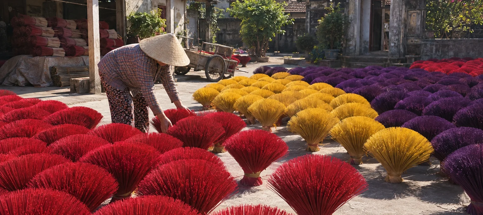 Bundles of incense sticks dyed red, yellow and purple fanned open to dry in the sun at Thủy Xuân, Thủy Xuân village, central coast, Vietnam