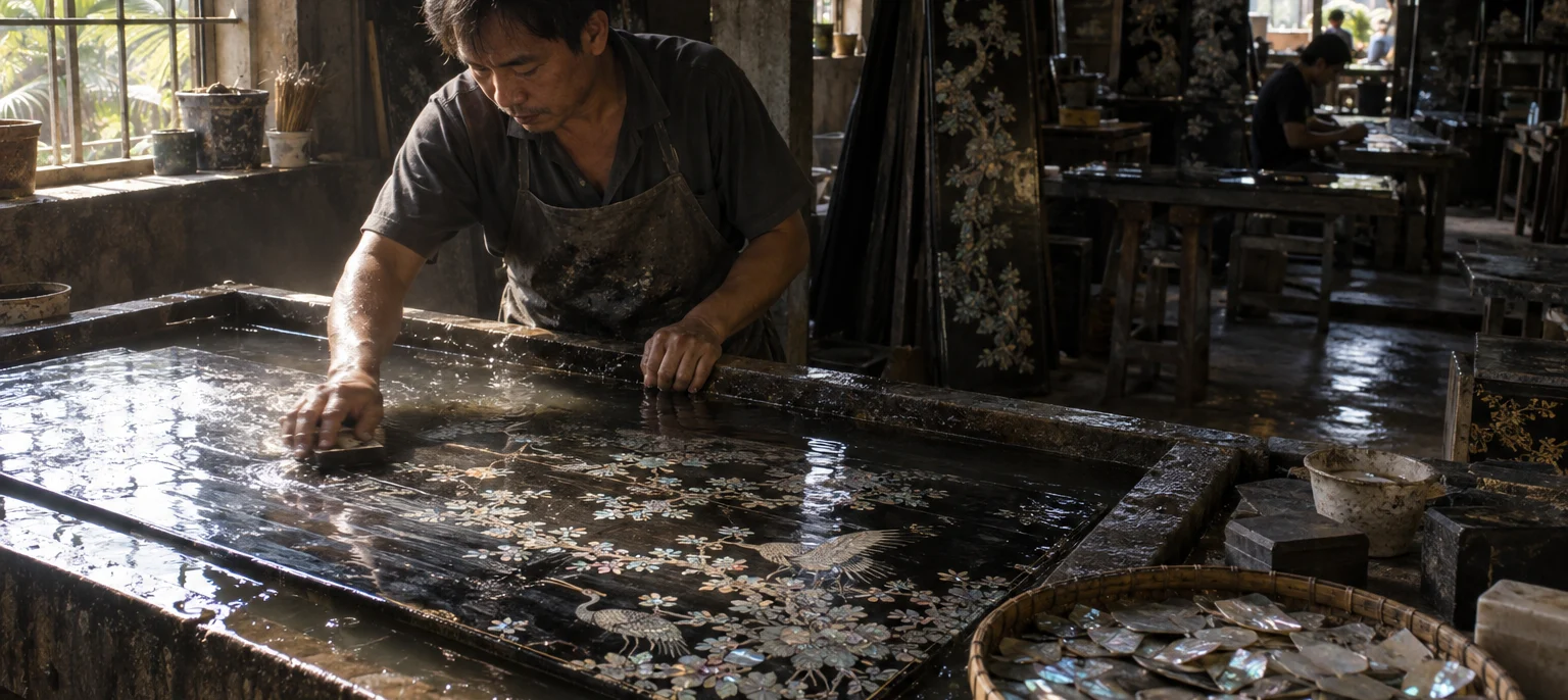A Tương Bình Hiệp lacquer artisan sanding a large panel under water, southern lacquer workshop, mother-of-pearl pieces on a tray, Tương Bình Hiệp village, Mekong Delta, Vietnam