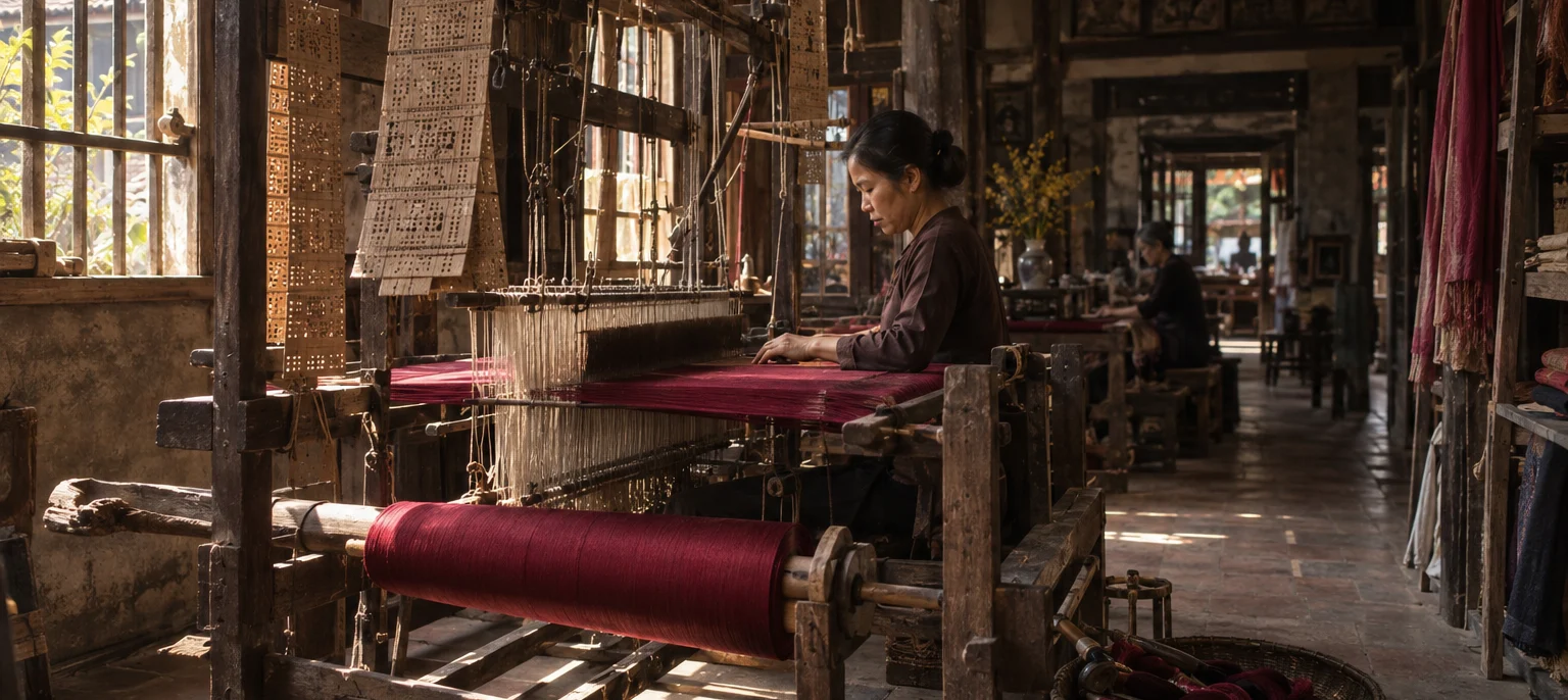 Wide view of a Vạn Phúc weaving house, a wooden hand loom with wine-red silk on the beam, pattern cards hanging, soft window light, hand-loomed silk village, Red River Delta, Vietnam