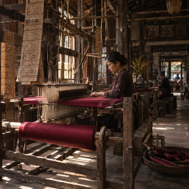 Wide view of a Vạn Phúc weaving house, a wooden hand loom with wine-red silk on the beam, pattern cards hanging, soft window light, hand-loomed silk village, Red River Delta, Vietnam