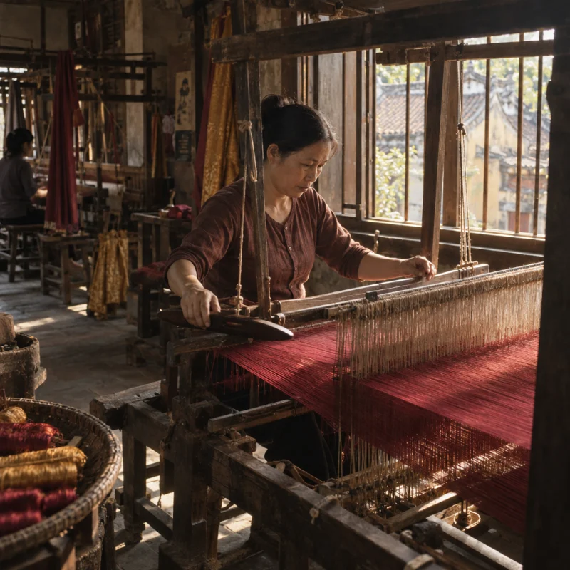 Hands on a wooden hand loom, shuttle passing through wine-red silk, in a Vạn Phúc weaving house, a wooden hand loom in window light, mulberry silk, deep wine red and ochre