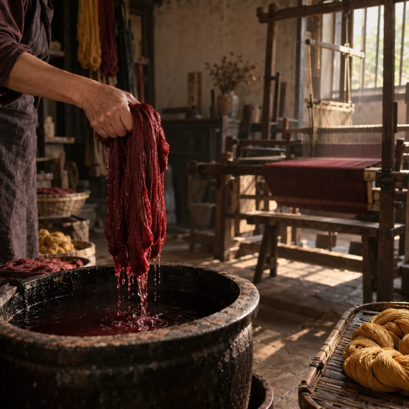 A hand lifting dripping silk from a small plant-dye vat, wine-red water, in a Vạn Phúc weaving house, a wooden hand loom in window light, mulberry silk, deep wine red and ochre