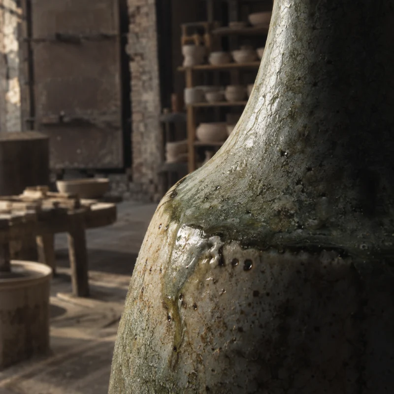 Bottle vase, ash glaze, close-up of the shoulder where the form turns, glaze pooling, in a Bát Tràng pottery workshop, brick kiln door and shelves of bisque ware behind, sage greens and warm greys