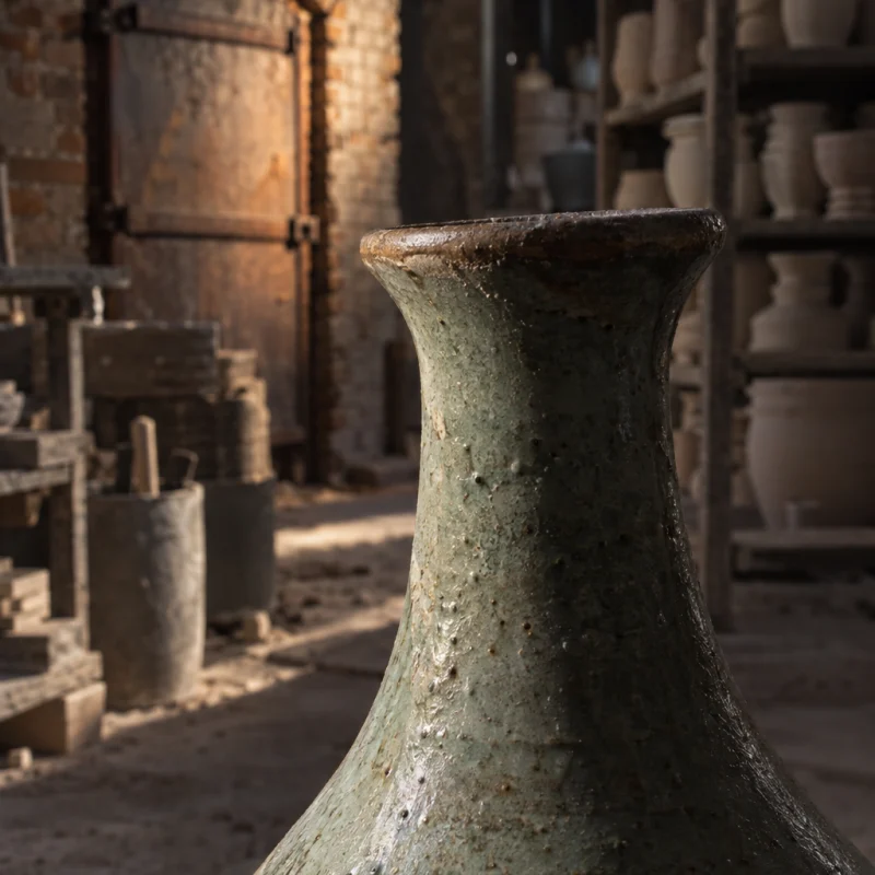 Bottle vase, ash glaze, close-up of the narrow neck and the glaze thinning at the lip, in a Bát Tràng pottery workshop, brick kiln door and shelves of bisque ware behind, sage greens and warm greys