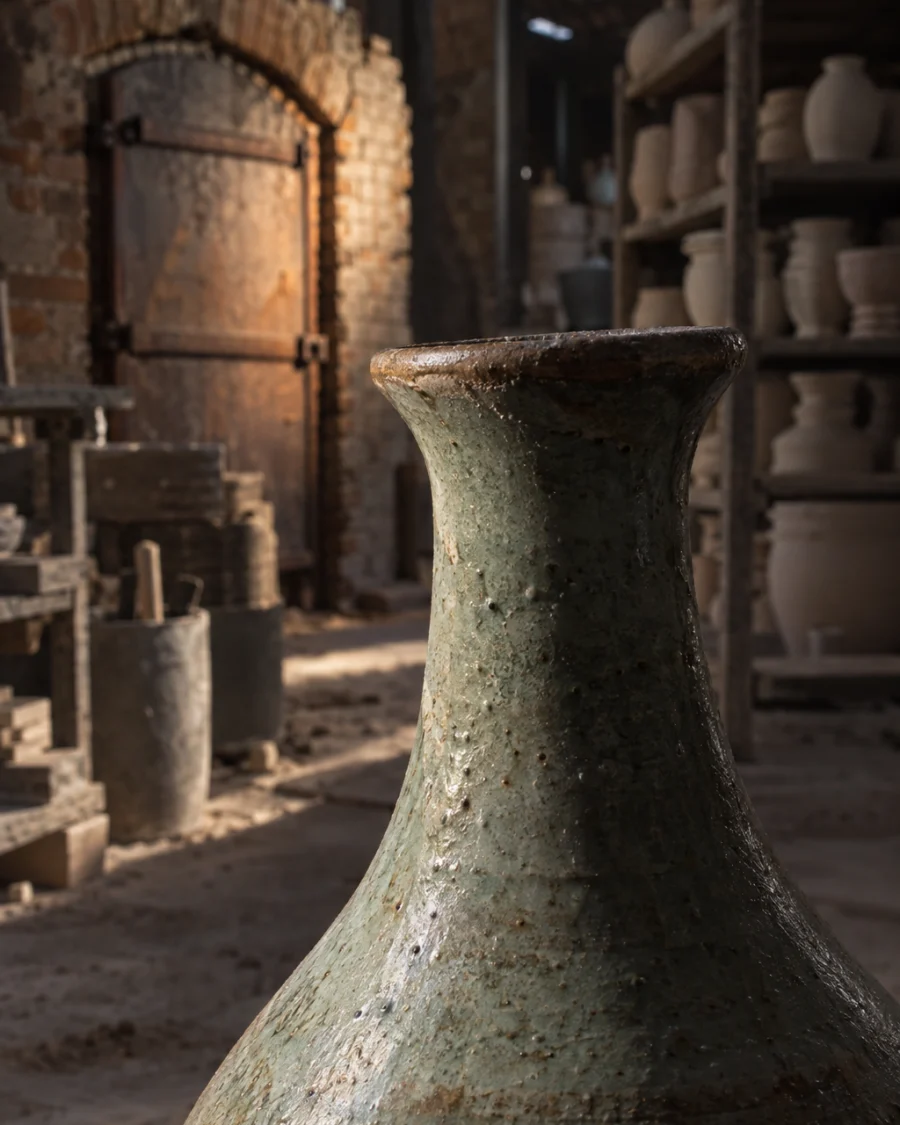 Bottle vase, ash glaze, close-up of the narrow neck and the glaze thinning at the lip, in a Bát Tràng pottery workshop, brick kiln door and shelves of bisque ware behind, sage greens and warm greys