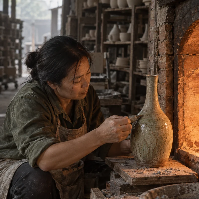 Bottle vase, ash glaze, the piece on a board by the open brick kiln door, ash and brick behind, in a Bát Tràng pottery workshop, brick kiln door and shelves of bisque ware behind, sage greens and warm greys