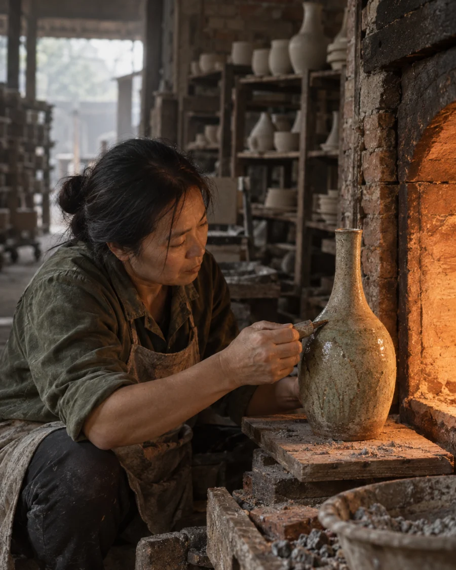 Bottle vase, ash glaze, the piece on a board by the open brick kiln door, ash and brick behind, in a Bát Tràng pottery workshop, brick kiln door and shelves of bisque ware behind, sage greens and warm greys