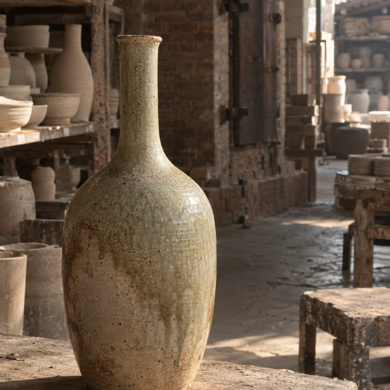 Bottle vase, ash glaze: A bottle-shaped vase in rice-straw ash glaze, white river clay, narrow neck and soft shoulder, standing in morning light, in a Bát Tràng pottery workshop, brick kiln door and shelves of bisque ware behind, sage greens and warm greys, by Phạm Văn Đức