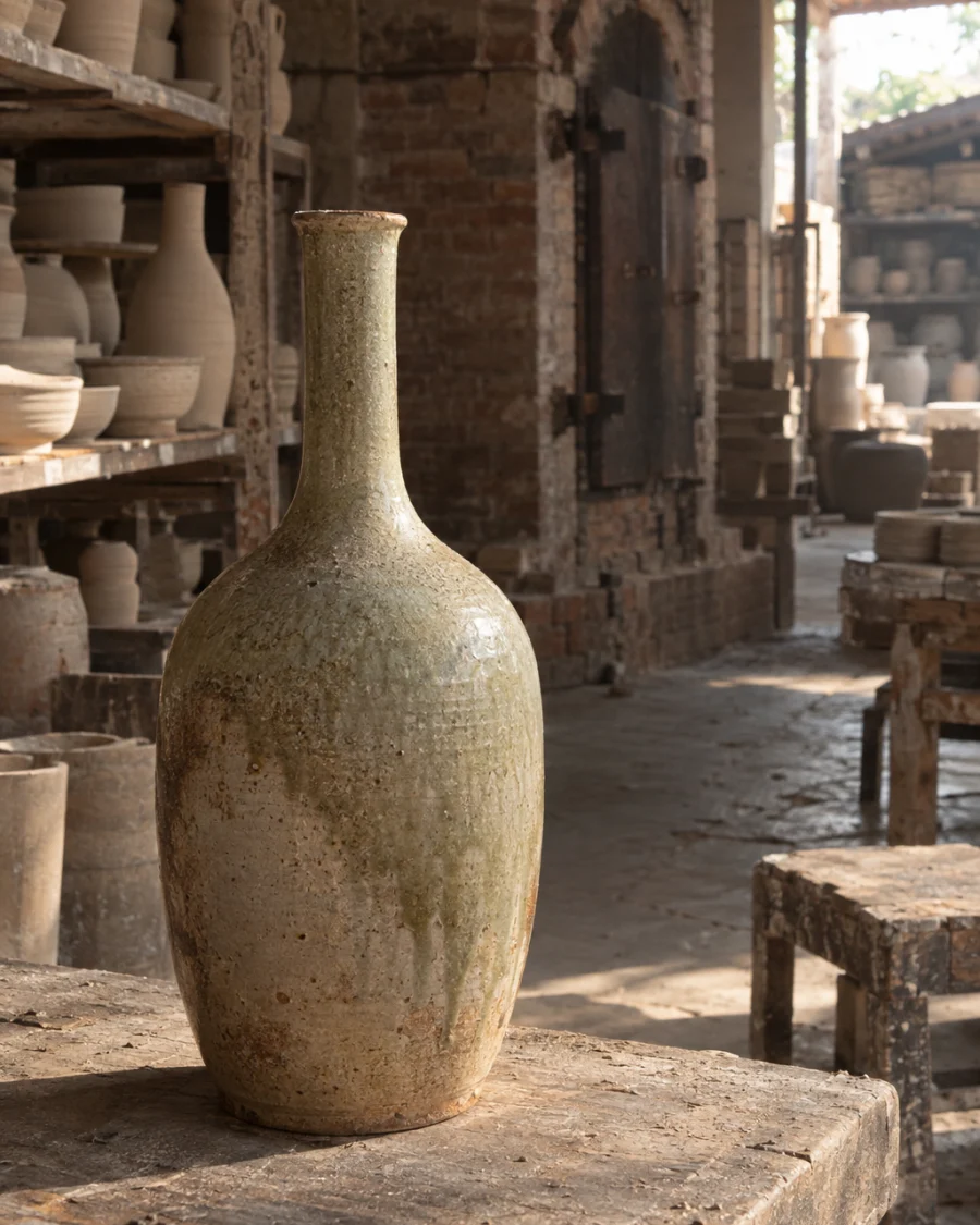 Bottle vase, ash glaze: A bottle-shaped vase in rice-straw ash glaze, white river clay, narrow neck and soft shoulder, standing in morning light, in a Bát Tràng pottery workshop, brick kiln door and shelves of bisque ware behind, sage greens and warm greys, by Phạm Văn Đức