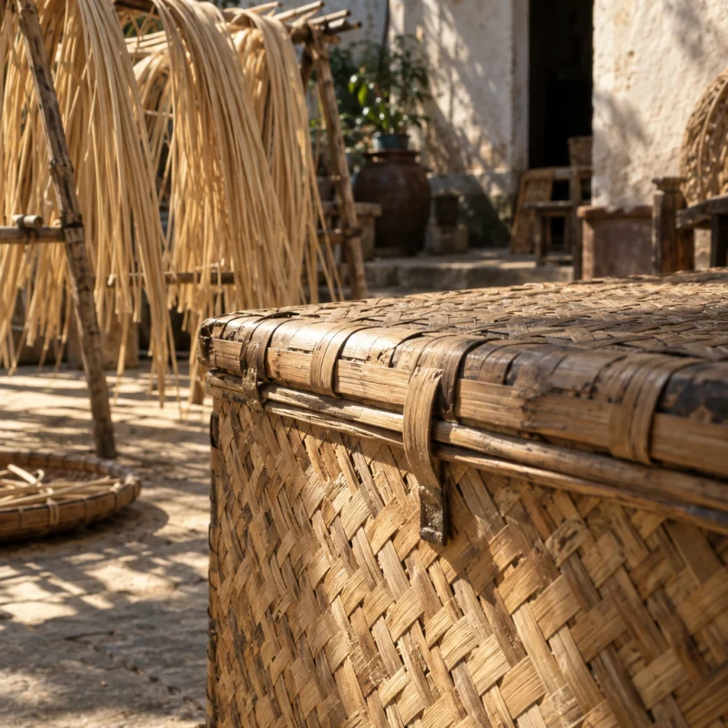 Storage chest, woven bamboo, macro of the split-bamboo twill weave, in a Phú Vinh courtyard, split rattan cane drying on bamboo racks, pale straw and honey tones, whitewashed wall, dappled sun