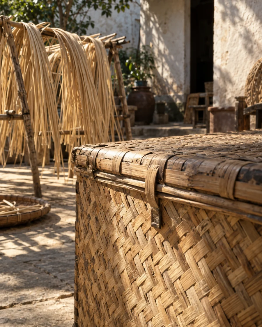 Storage chest, woven bamboo, macro of the split-bamboo twill weave, in a Phú Vinh courtyard, split rattan cane drying on bamboo racks, pale straw and honey tones, whitewashed wall, dappled sun