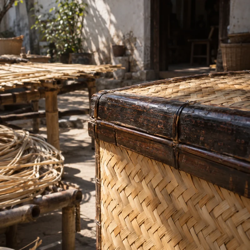 Storage chest, woven bamboo, close-up of the dark lacquered rim meeting pale bamboo, in a Phú Vinh courtyard, split rattan cane drying on bamboo racks, pale straw and honey tones, whitewashed wall, dappled sun