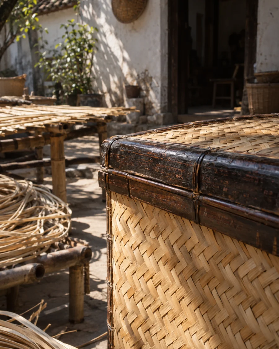 Storage chest, woven bamboo, close-up of the dark lacquered rim meeting pale bamboo, in a Phú Vinh courtyard, split rattan cane drying on bamboo racks, pale straw and honey tones, whitewashed wall, dappled sun