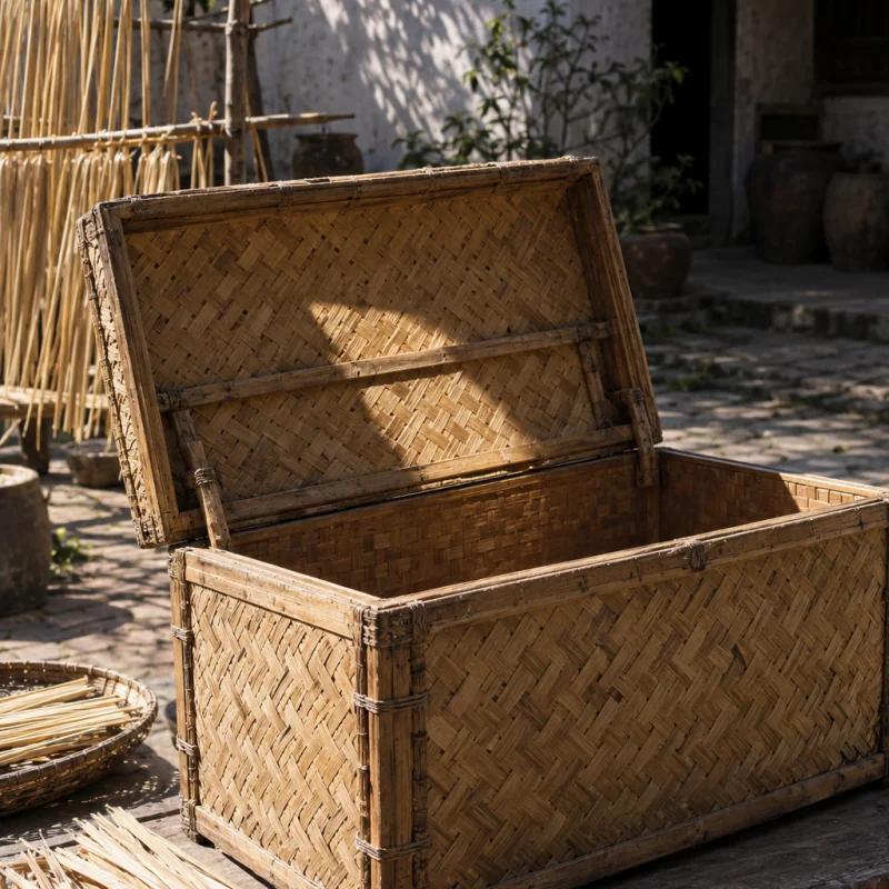 Storage chest, woven bamboo, the chest open, hand-made hinges and the inside of the lid, in a Phú Vinh courtyard, split rattan cane drying on bamboo racks, pale straw and honey tones, whitewashed wall, dappled sun