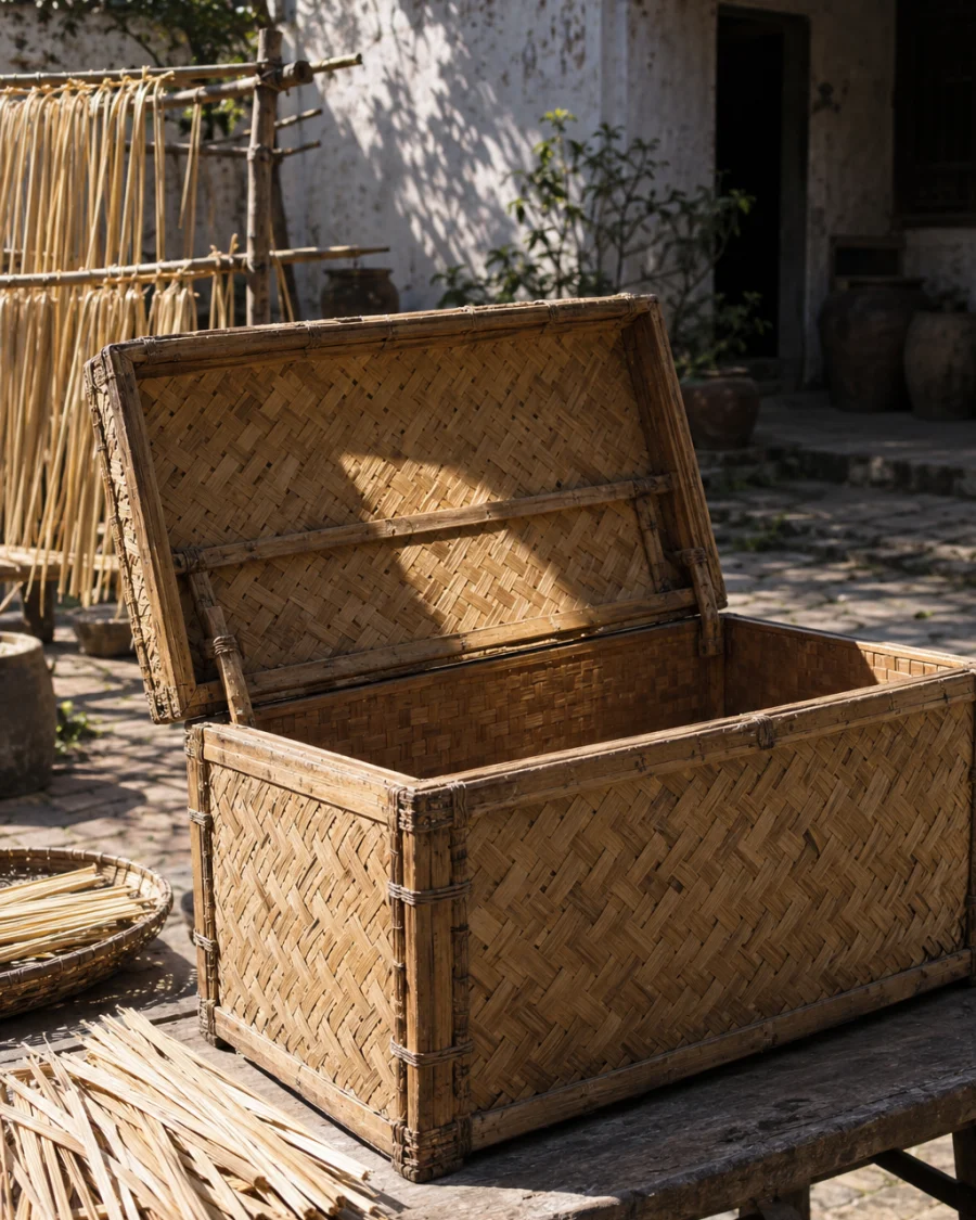 Storage chest, woven bamboo, the chest open, hand-made hinges and the inside of the lid, in a Phú Vinh courtyard, split rattan cane drying on bamboo racks, pale straw and honey tones, whitewashed wall, dappled sun