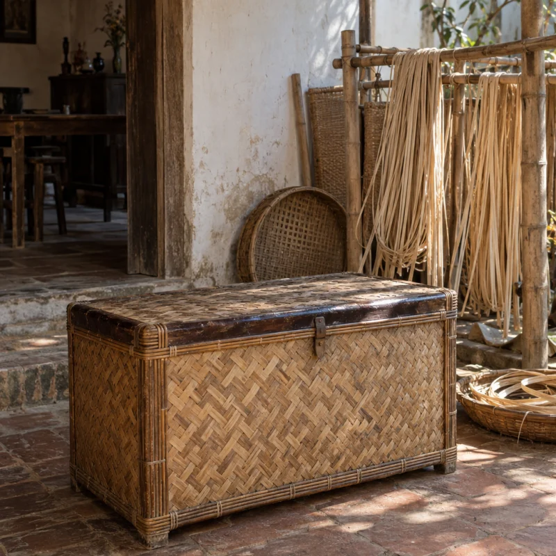 Storage chest, woven bamboo: A low chest of split bamboo in a twill weave bound with rattan, with a dark lacquered rim from Hạ Thái, standing closed on a brick floor, in a Phú Vinh courtyard, split rattan cane drying on bamboo racks, pale straw and honey tones, whitewashed wall, dappled sun, by Nguyễn Thị Lan