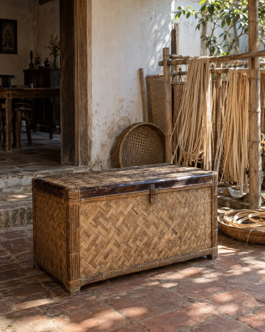 Storage chest, woven bamboo: A low chest of split bamboo in a twill weave bound with rattan, with a dark lacquered rim from Hạ Thái, standing closed on a brick floor, in a Phú Vinh courtyard, split rattan cane drying on bamboo racks, pale straw and honey tones, whitewashed wall, dappled sun, by Nguyễn Thị Lan