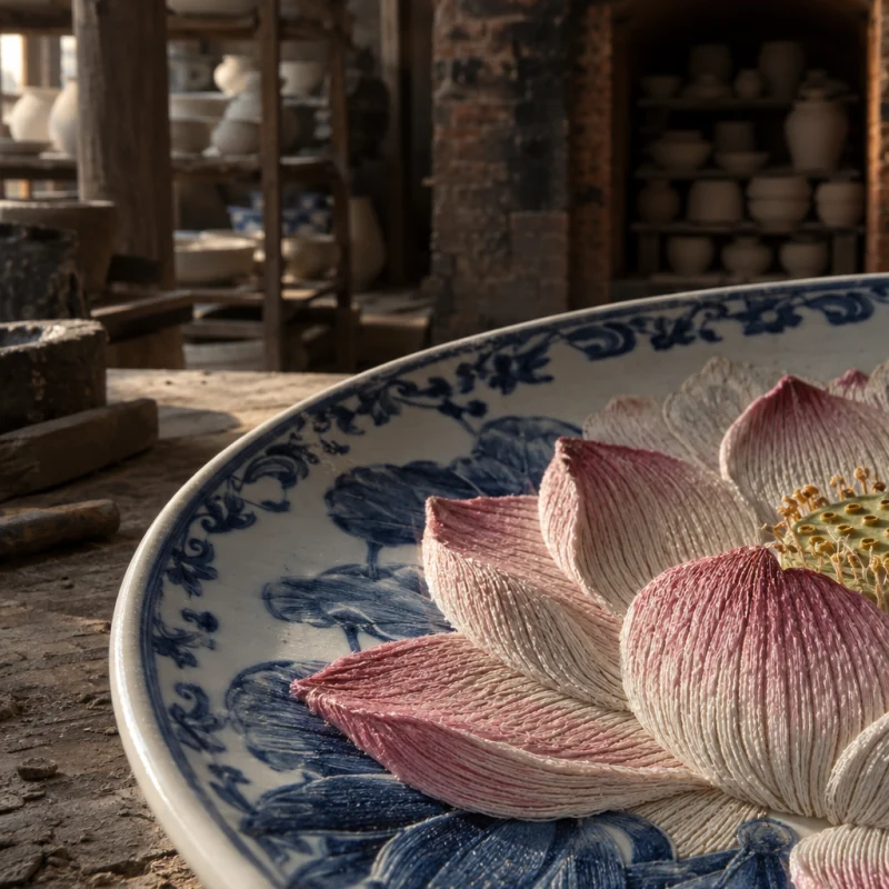 Blue-and-white plate, lotus, macro of the lotus petals, individual split-silk stitches shading from pink to cream, in a Bát Tràng pottery workshop, brick kiln door and shelves of bisque ware behind, sage greens and warm greys