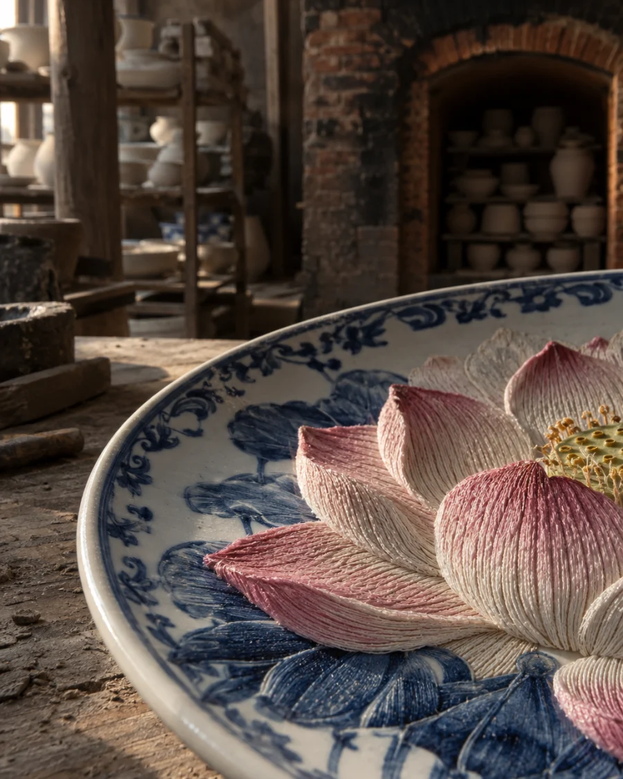 Blue-and-white plate, lotus, macro of the lotus petals, individual split-silk stitches shading from pink to cream, in a Bát Tràng pottery workshop, brick kiln door and shelves of bisque ware behind, sage greens and warm greys