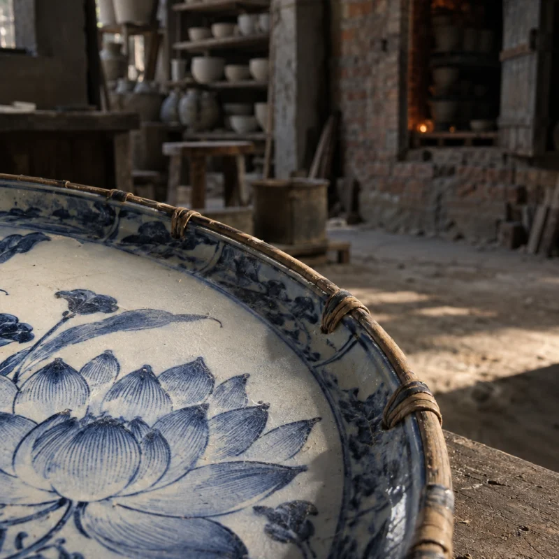 Blue-and-white plate, lotus, close-up of the bound rim where cane wraps the frame, in a Bát Tràng pottery workshop, brick kiln door and shelves of bisque ware behind, sage greens and warm greys