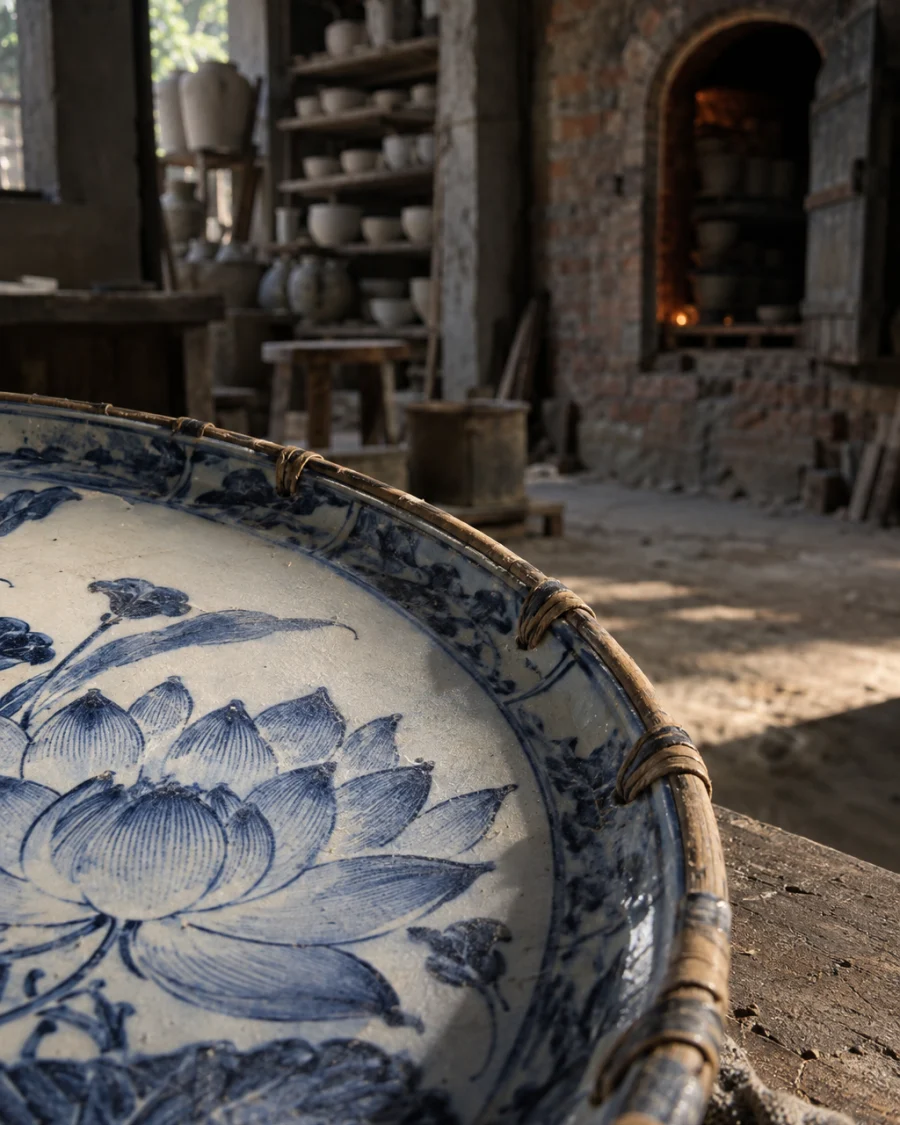 Blue-and-white plate, lotus, close-up of the bound rim where cane wraps the frame, in a Bát Tràng pottery workshop, brick kiln door and shelves of bisque ware behind, sage greens and warm greys