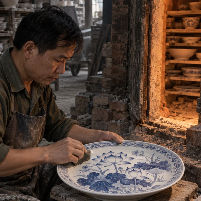 Blue-and-white plate, lotus, the piece on a board by the open brick kiln door, ash and brick behind, in a Bát Tràng pottery workshop, brick kiln door and shelves of bisque ware behind, sage greens and warm greys