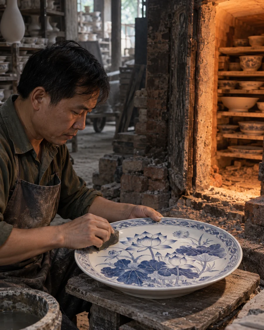 Blue-and-white plate, lotus, the piece on a board by the open brick kiln door, ash and brick behind, in a Bát Tràng pottery workshop, brick kiln door and shelves of bisque ware behind, sage greens and warm greys