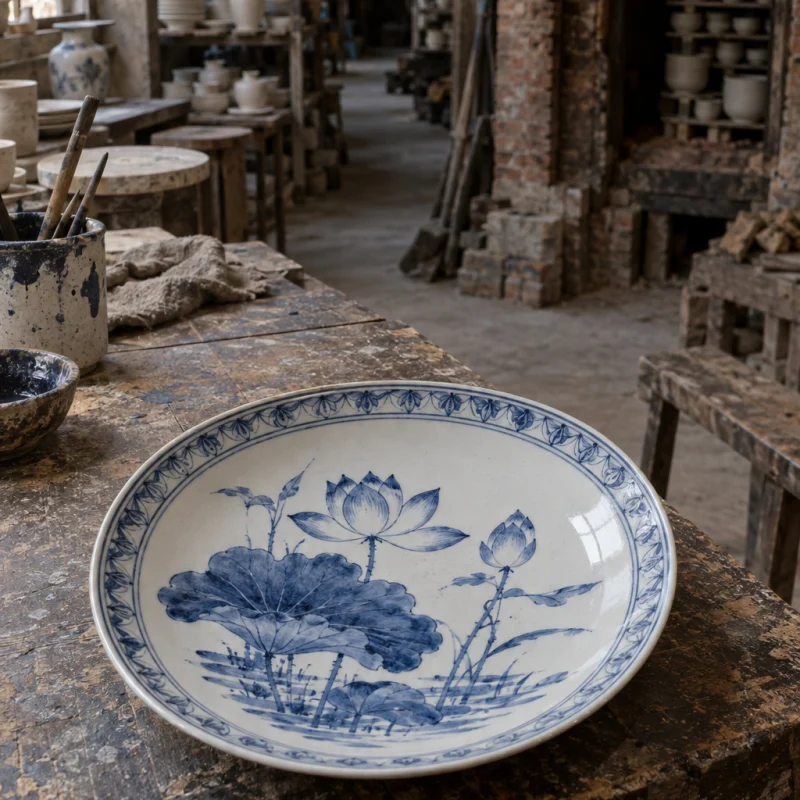 Blue-and-white plate, lotus: A blue-and-white plate with a cobalt lotus painted under clear glaze, seen from above on a worn wooden table, in a Bát Tràng pottery workshop, brick kiln door and shelves of bisque ware behind, sage greens and warm greys, by Phạm Văn Đức