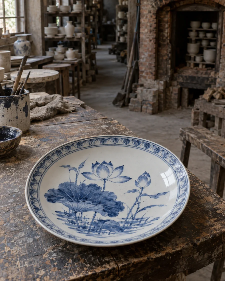 Blue-and-white plate, lotus: A blue-and-white plate with a cobalt lotus painted under clear glaze, seen from above on a worn wooden table, in a Bát Tràng pottery workshop, brick kiln door and shelves of bisque ware behind, sage greens and warm greys, by Phạm Văn Đức