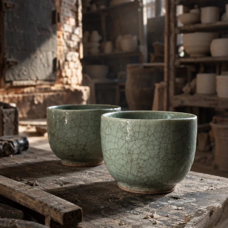 Pair of celadon cups, macro of the crackle glaze, a web of fine dark lines in pale green, in a Bát Tràng pottery workshop, brick kiln door and shelves of bisque ware behind, sage greens and warm greys