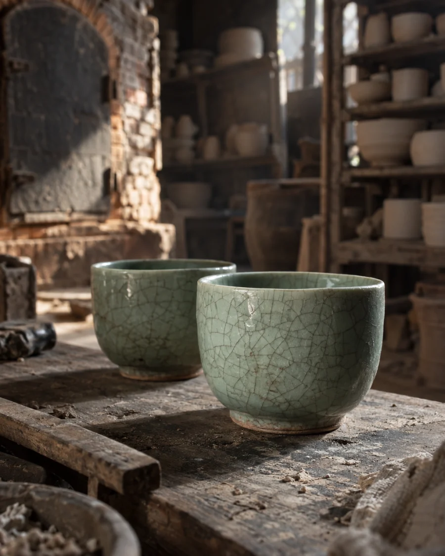 Pair of celadon cups, macro of the crackle glaze, a web of fine dark lines in pale green, in a Bát Tràng pottery workshop, brick kiln door and shelves of bisque ware behind, sage greens and warm greys