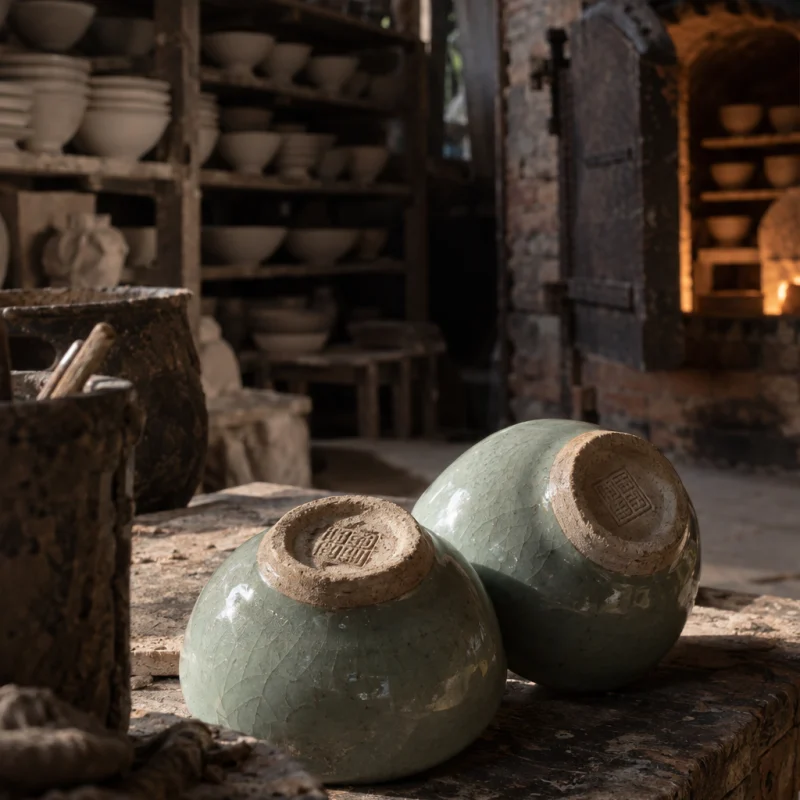 Pair of celadon cups, the unglazed foot ring turned up to show the potter's pressed seal, in a Bát Tràng pottery workshop, brick kiln door and shelves of bisque ware behind, sage greens and warm greys