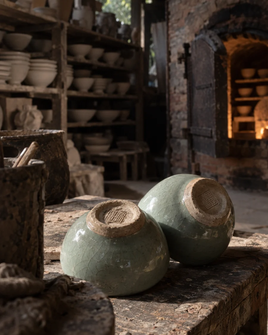 Pair of celadon cups, the unglazed foot ring turned up to show the potter's pressed seal, in a Bát Tràng pottery workshop, brick kiln door and shelves of bisque ware behind, sage greens and warm greys