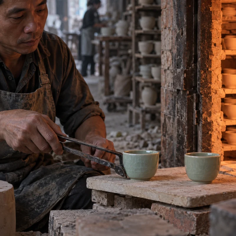 Pair of celadon cups, the piece on a board by the open brick kiln door, ash and brick behind, in a Bát Tràng pottery workshop, brick kiln door and shelves of bisque ware behind, sage greens and warm greys