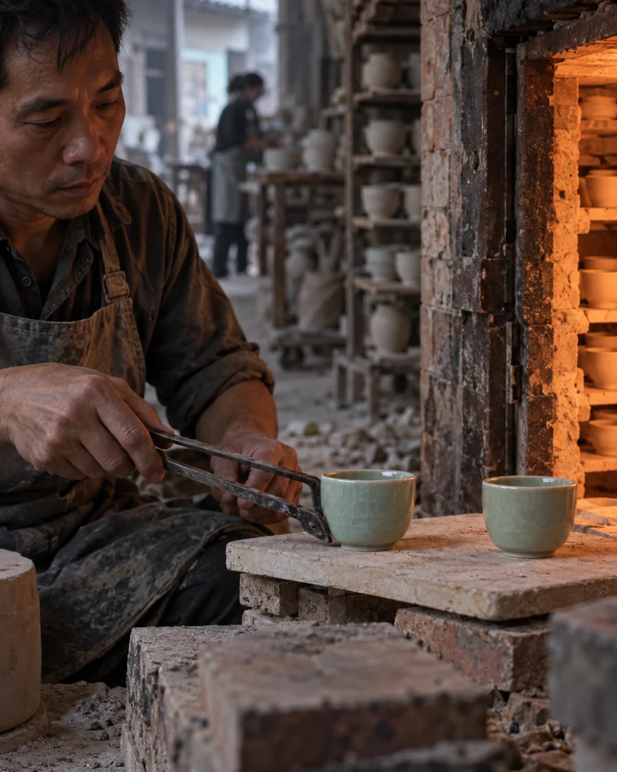 Pair of celadon cups, the piece on a board by the open brick kiln door, ash and brick behind, in a Bát Tràng pottery workshop, brick kiln door and shelves of bisque ware behind, sage greens and warm greys