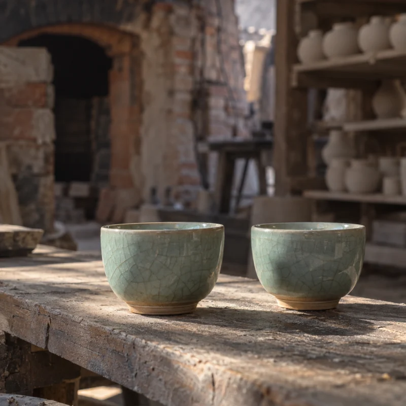 Pair of celadon cups: A pair of small celadon cups with crackle glaze, white river clay, side by side on a plank in morning light, in a Bát Tràng pottery workshop, brick kiln door and shelves of bisque ware behind, sage greens and warm greys, by Phạm Văn Đức