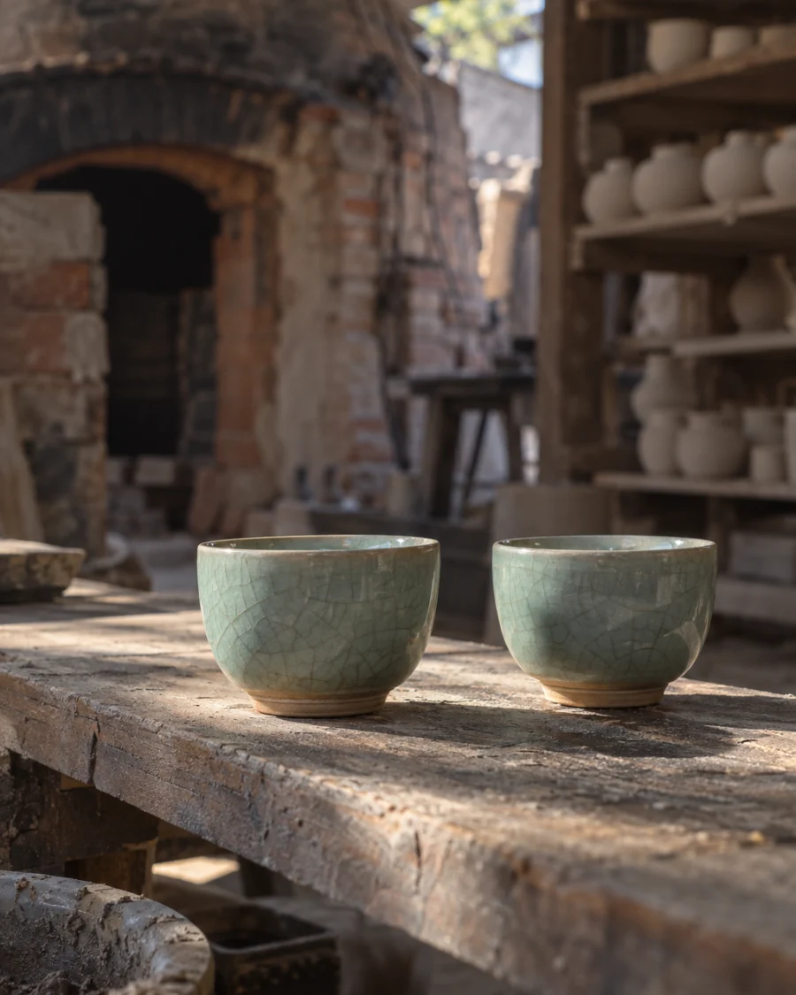 Pair of celadon cups: A pair of small celadon cups with crackle glaze, white river clay, side by side on a plank in morning light, in a Bát Tràng pottery workshop, brick kiln door and shelves of bisque ware behind, sage greens and warm greys, by Phạm Văn Đức