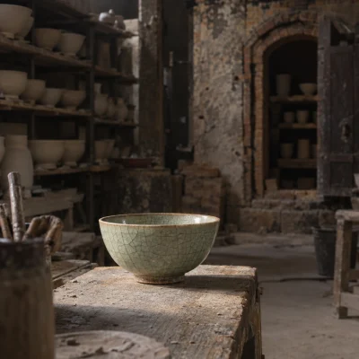 Celadon tea bowl, crackle glaze: A celadon tea bowl with a fine crackle glaze from rice-straw ash, white river clay, sitting alone on a worn wooden board, in a Bát Tràng pottery workshop, brick kiln door and shelves of bisque ware behind, sage greens and warm greys, by Phạm Văn Đức