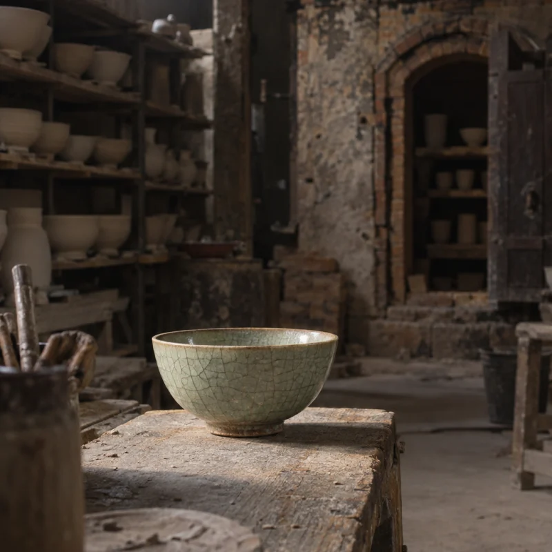 Celadon tea bowl, crackle glaze: A celadon tea bowl with a fine crackle glaze from rice-straw ash, white river clay, sitting alone on a worn wooden board, in a Bát Tràng pottery workshop, brick kiln door and shelves of bisque ware behind, sage greens and warm greys, by Phạm Văn Đức