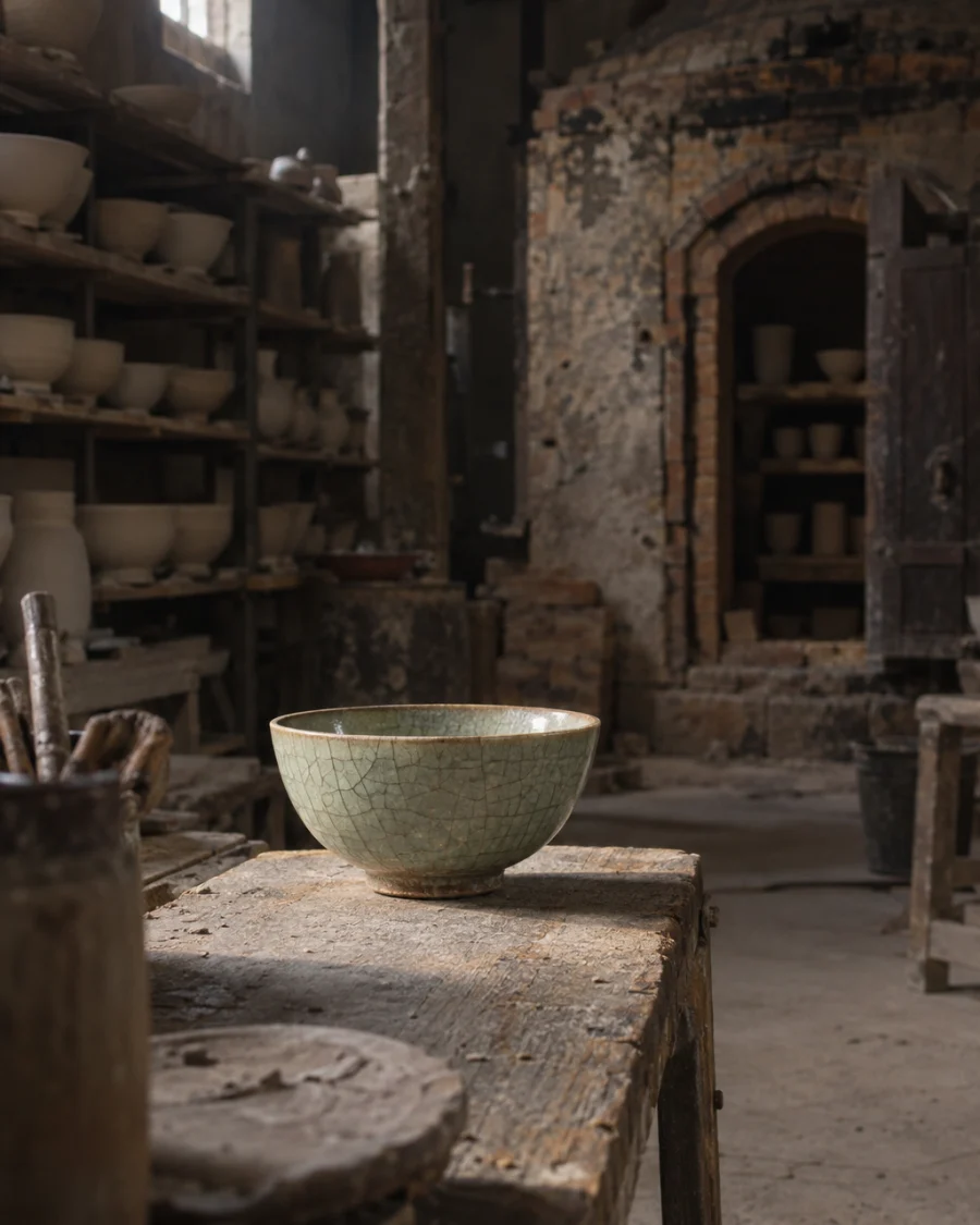 Celadon tea bowl, crackle glaze: A celadon tea bowl with a fine crackle glaze from rice-straw ash, white river clay, sitting alone on a worn wooden board, in a Bát Tràng pottery workshop, brick kiln door and shelves of bisque ware behind, sage greens and warm greys, by Phạm Văn Đức