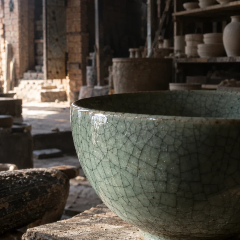Celadon tea bowl, crackle glaze, macro of the crackle glaze, a web of fine dark lines in pale green, in a Bát Tràng pottery workshop, brick kiln door and shelves of bisque ware behind, sage greens and warm greys